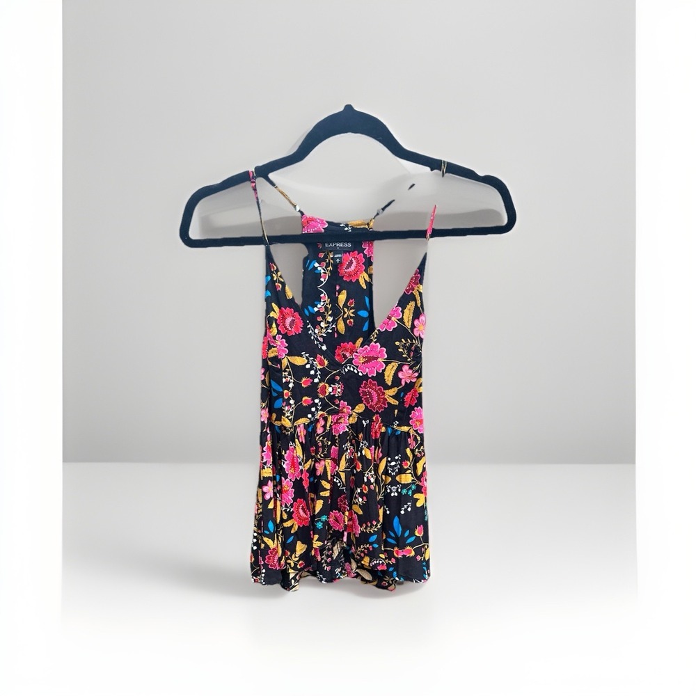 Express Floral Racerback Camisole Top Black Pink Babydoll Peplum Size Medium